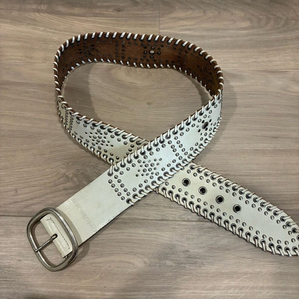 Vintage Wide Leather Belt Cream Studded Boho Festival Western Calvin Klein M